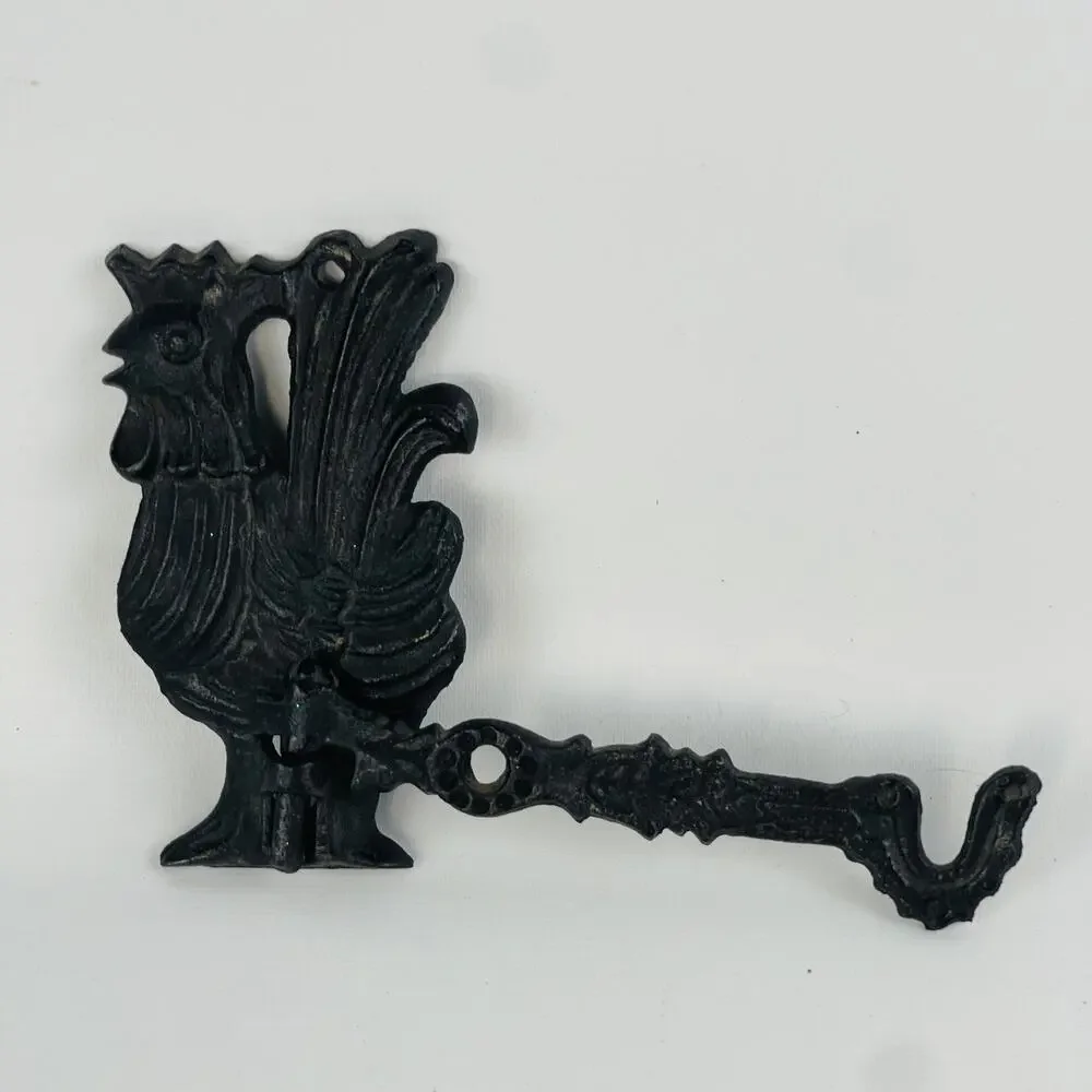 Vintage Black Cast Iron Rooster Small Wall Hook Farmhouse Swinging Hook